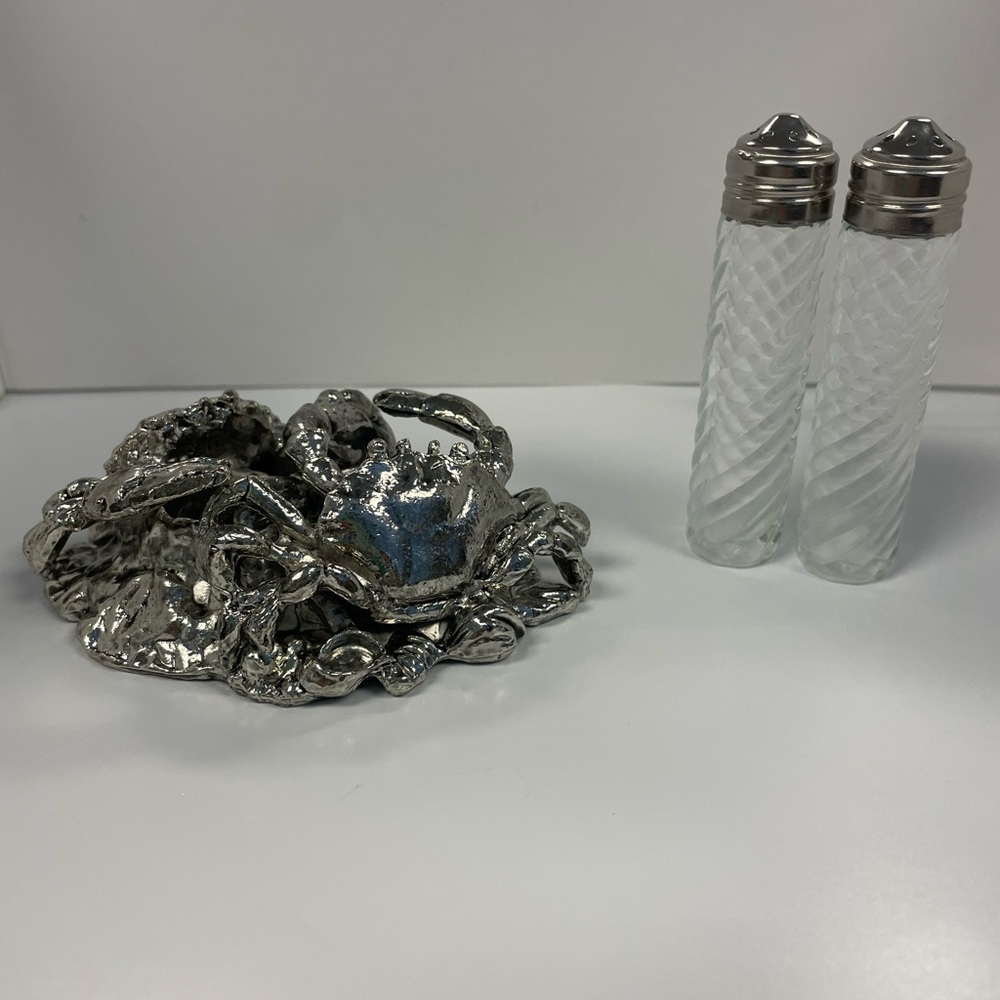 Arthur Court Silver Crab Glass Salt and Pepper Shakers Holder
